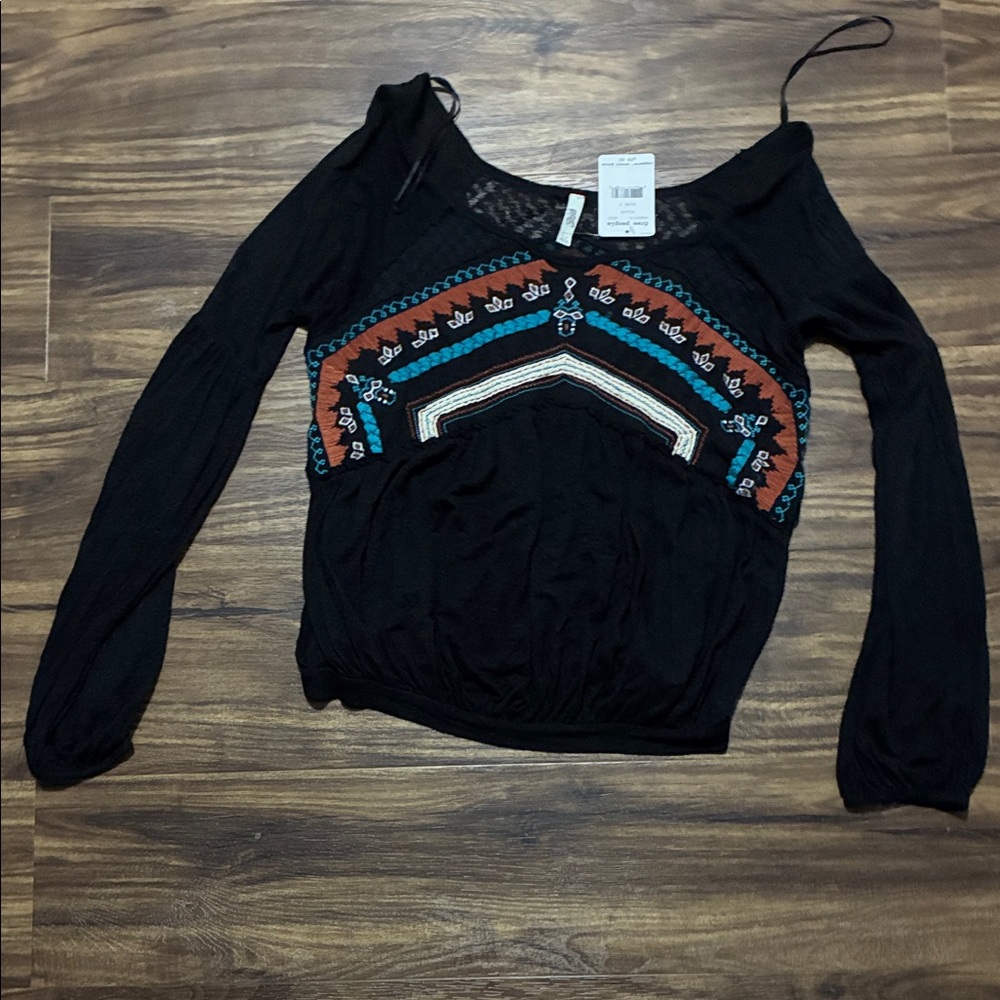 Free People Black Long-Sleeve Boho Embroidered Top with Teal & Rust Accents